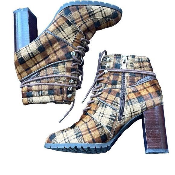 ANTONIO MELANI GRAYCIEE Plaid Calf Hair Leather Animal Print Color High Block He - Picture 1 of 6